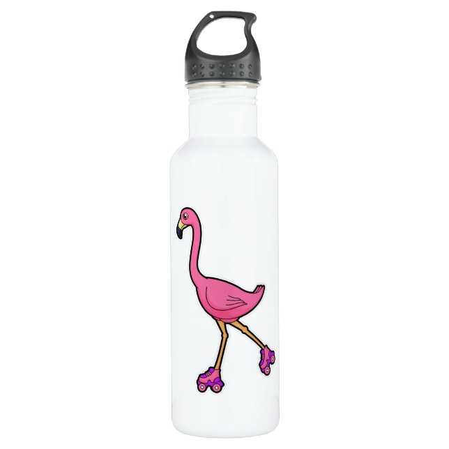 Flamingo as Skater with Roller skates Stainless Steel Water Bottle (Front)
