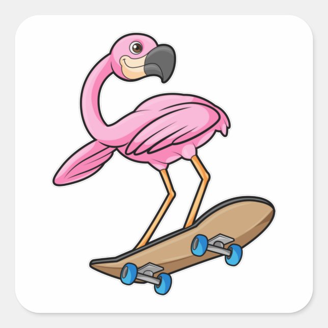 Flamingo as Skater with Skateboard Square Sticker (Front)