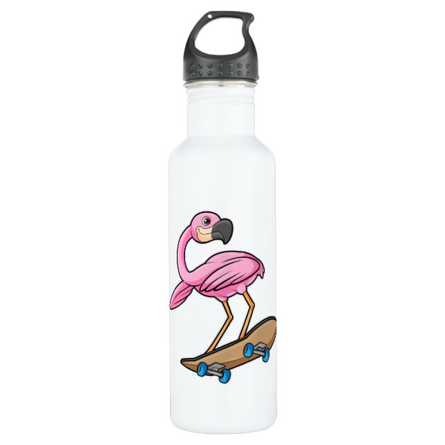 Flamingo as Skater with Skateboard Stainless Steel Water Bottle (Front)