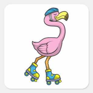 Flamingo as Skater with Skates & Helmet Square Sticker