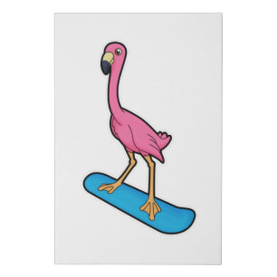 Flamingo as Snowboarder with Snowbaord Faux Canvas Print