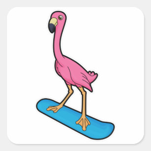 Flamingo as Snowboarder with Snowbaord Square Sticker