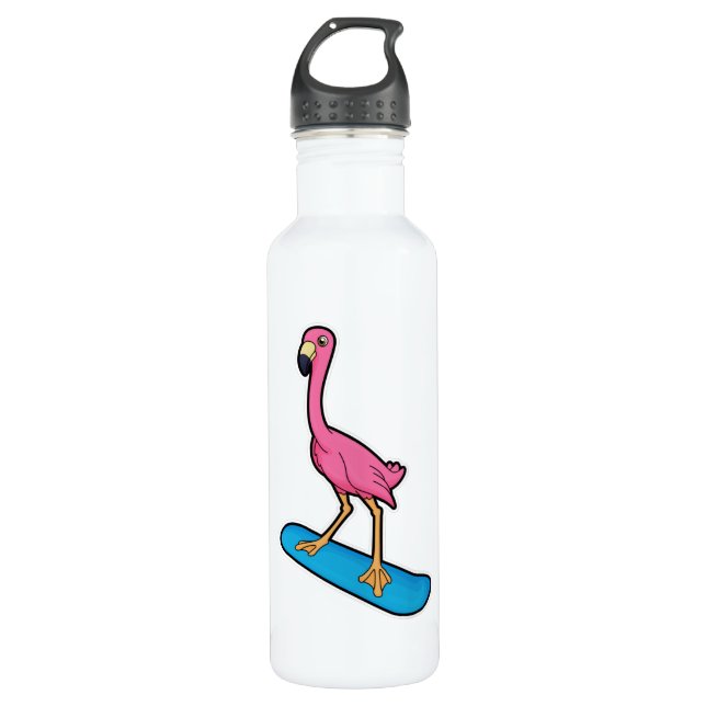 Flamingo as Snowboarder with Snowbaord Stainless Steel Water Bottle (Front)