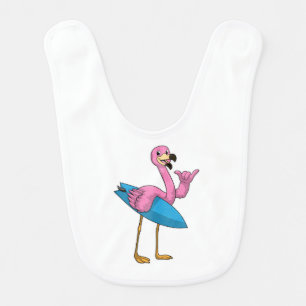 Flamingo as Surfer with Surfboard Baby Bib