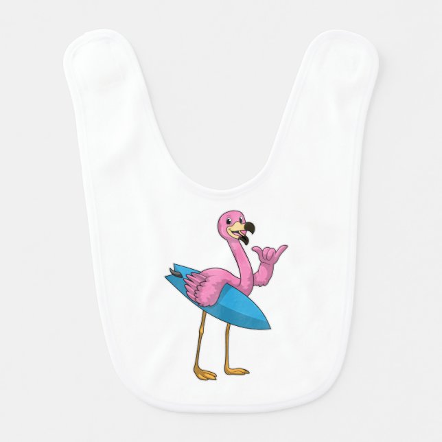 Flamingo as Surfer with Surfboard Baby Bib (Front)