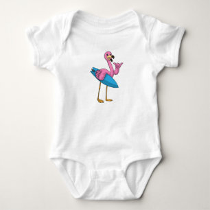 Flamingo as Surfer with Surfboard Baby Bodysuit