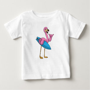 Flamingo as Surfer with Surfboard Baby T-Shirt