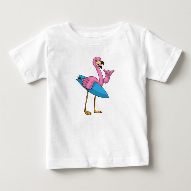 Flamingo as Surfer with Surfboard Baby T-Shirt (Front)