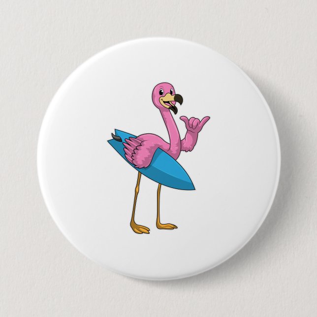 Flamingo as Surfer with Surfboard Button (Front)