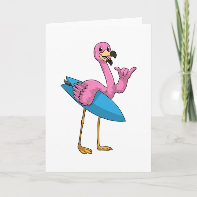 Flamingo as Surfer with Surfboard Card (Front)