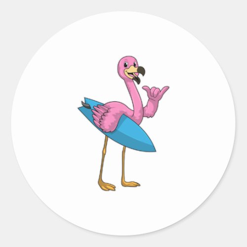 Flamingo as Surfer with Surfboard Classic Round Sticker