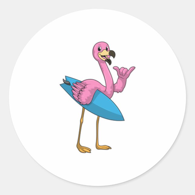 Flamingo as Surfer with Surfboard Classic Round Sticker (Front)