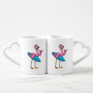 Flamingo as Surfer with Surfboard Coffee Mug Set
