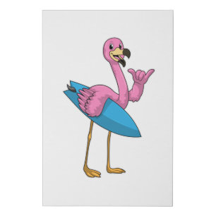 Flamingo as Surfer with Surfboard Faux Canvas Print