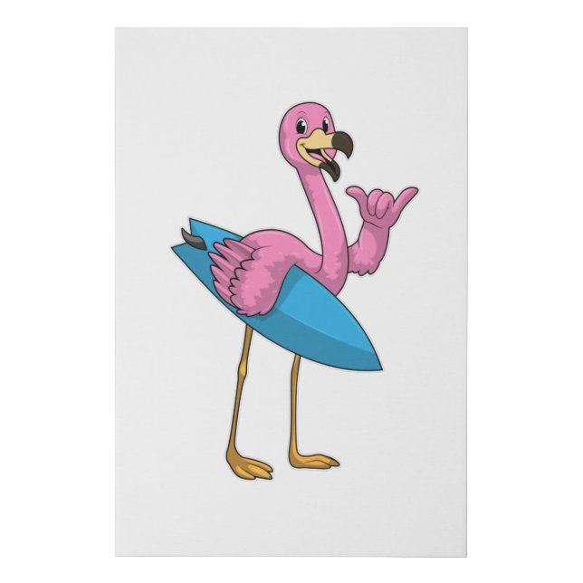 Flamingo as Surfer with Surfboard Faux Canvas Print (Front)