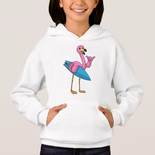 Flamingo as Surfer with Surfboard Hoodie (Front)