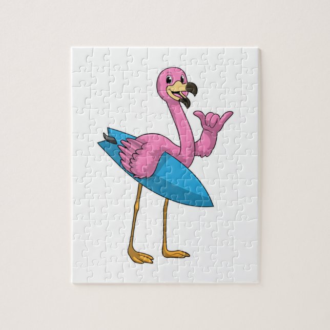 Flamingo as Surfer with Surfboard Jigsaw Puzzle (Vertical)