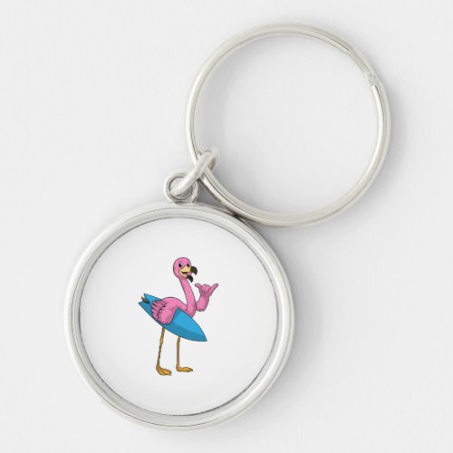 Flamingo as Surfer with Surfboard Keychain