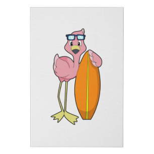 Flamingo as Surfer with Surfboard.PNG Faux Canvas Print
