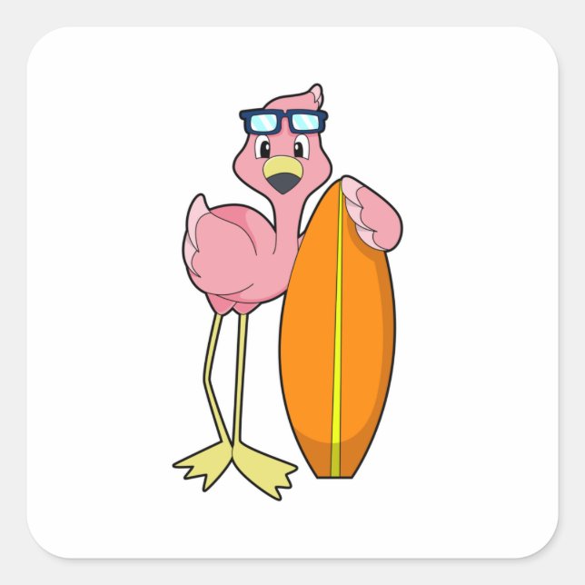 Flamingo as Surfer with Surfboard.PNG Square Sticker (Front)