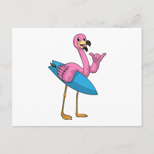 Flamingo as Surfer with Surfboard Postcard (Front)