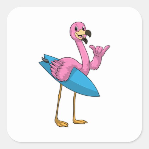 Flamingo as Surfer with Surfboard Square Sticker