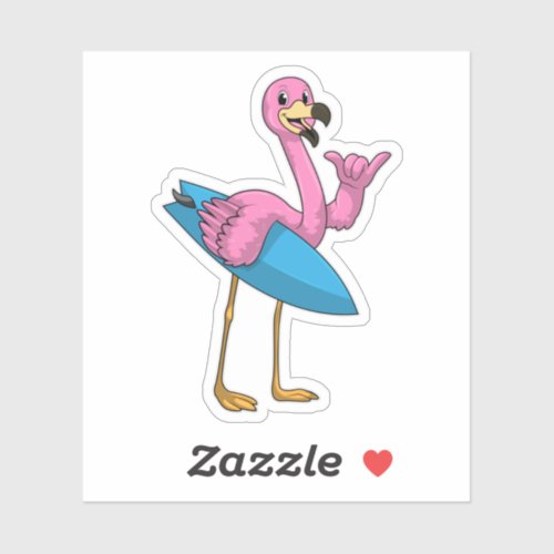 Flamingo as Surfer with Surfboard Sticker