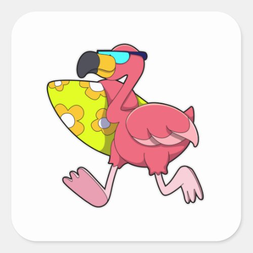Flamingo as Surfer with Surfboard  Sunglasses Square Sticker