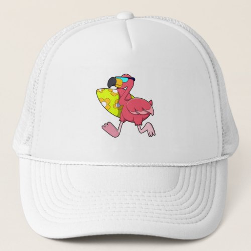 Flamingo as Surfer with Surfboard  Sunglasses Trucker Hat