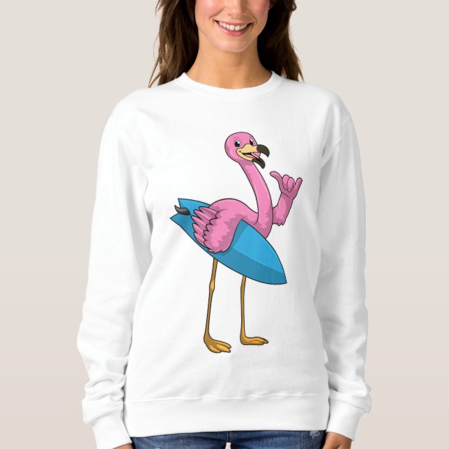 Flamingo as Surfer with Surfboard Sweatshirt (Front)