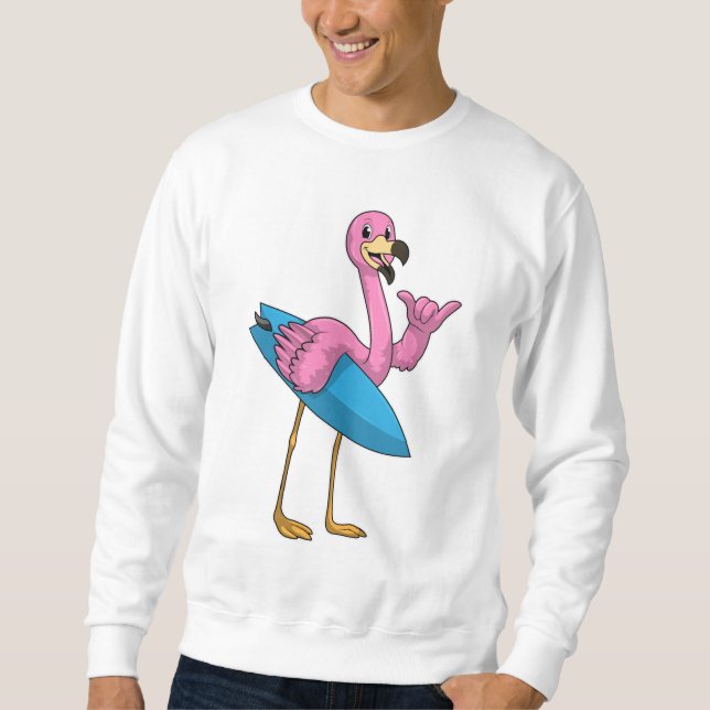 Flamingo as Surfer with Surfboard Sweatshirt (Front)
