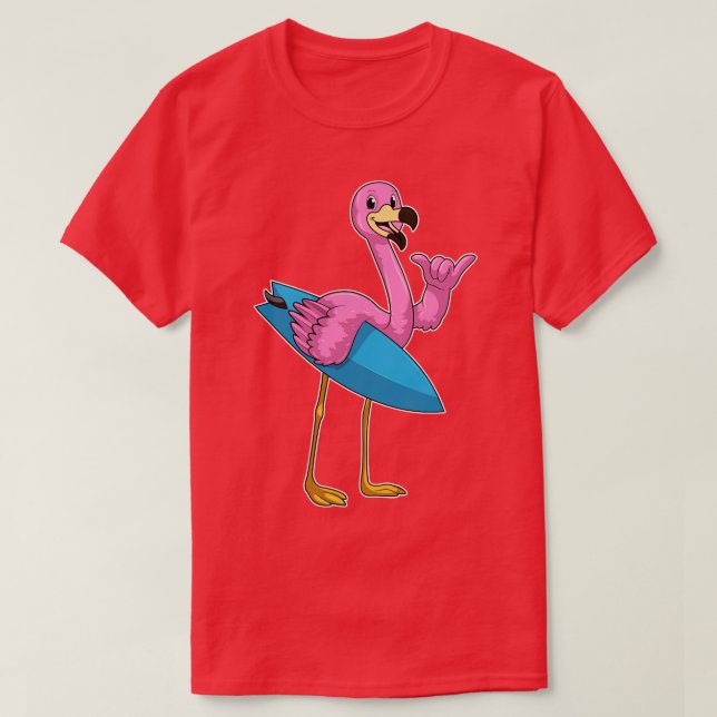 Flamingo as Surfer with Surfboard T-Shirt (Design Front)