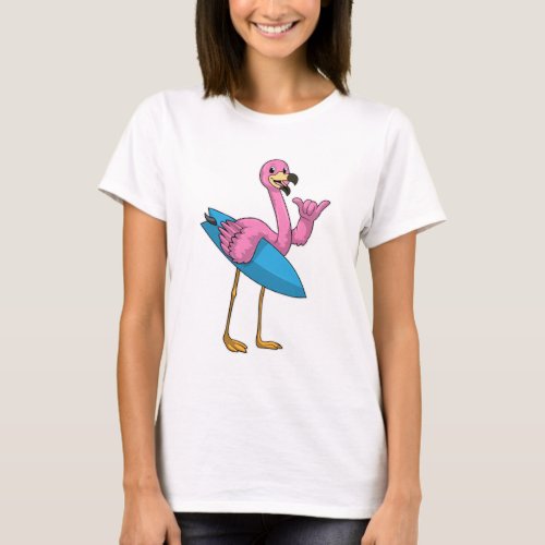Flamingo as Surfer with Surfboard T_Shirt