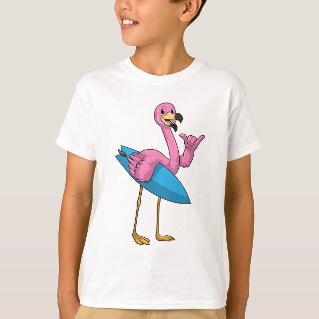 Flamingo as Surfer with Surfboard T-Shirt (Front)