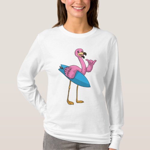 Flamingo as Surfer with Surfboard T_Shirt