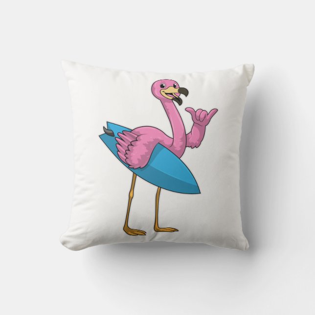 Flamingo as Surfer with Surfboard Throw Pillow (Front)