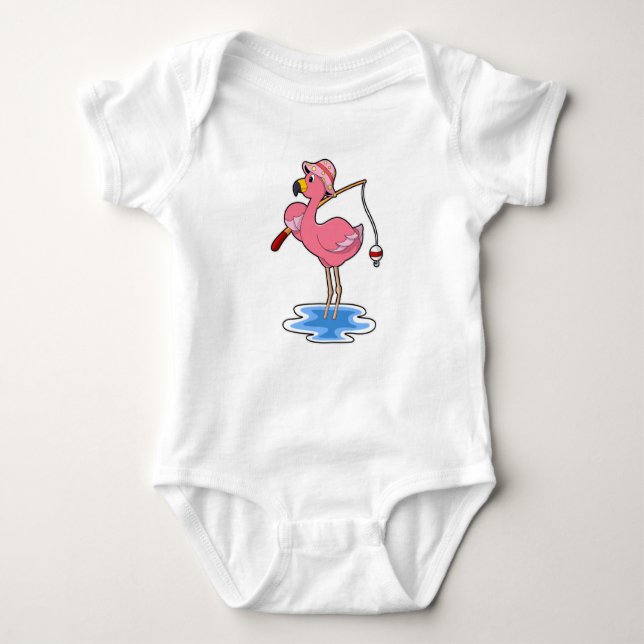 Flamingo at Fishing with Fishing rod Baby Bodysuit (Front)