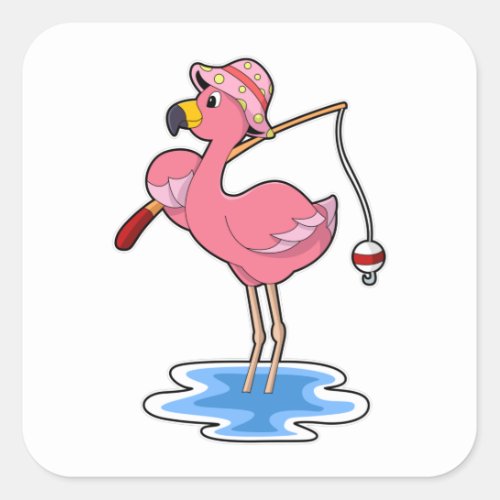 Flamingo at Fishing with Fishing rod Square Sticker