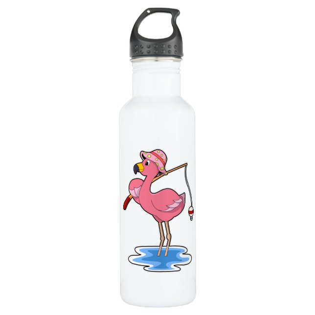 Flamingo at Fishing with Fishing rod Stainless Steel Water Bottle (Front)