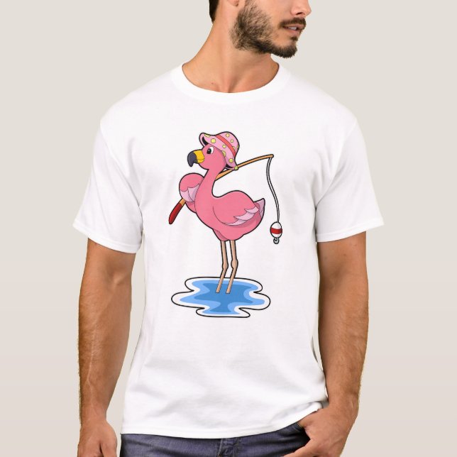 Flamingo at Fishing with Fishing rod T-Shirt (Front)