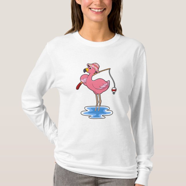 Flamingo at Fishing with Fishing rod T-Shirt (Front)