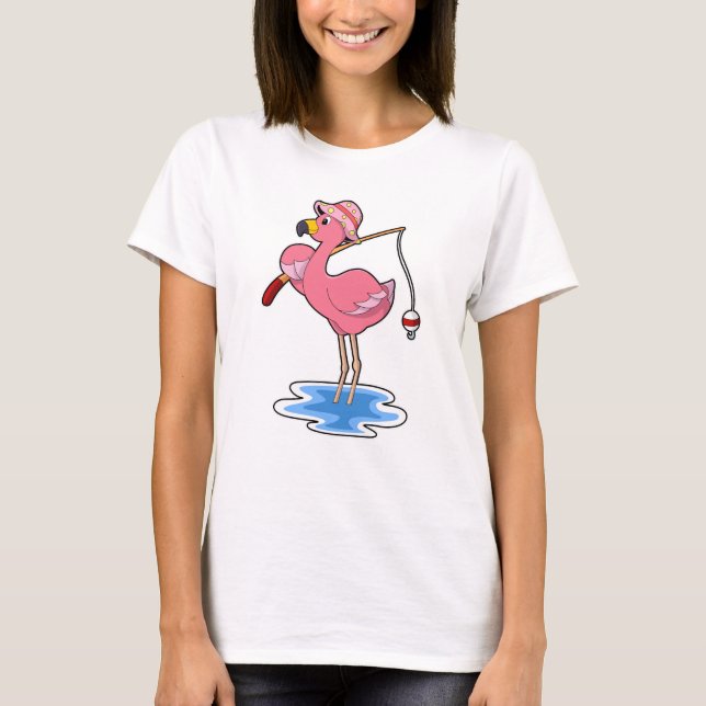 Flamingo at Fishing with Fishing rod T-Shirt (Front)