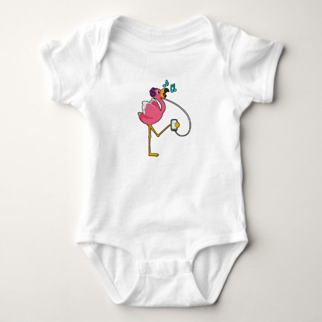 Flamingo at Music with Headphone Baby Bodysuit (Front)