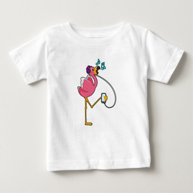 Flamingo at Music with Headphone Baby T-Shirt (Front)