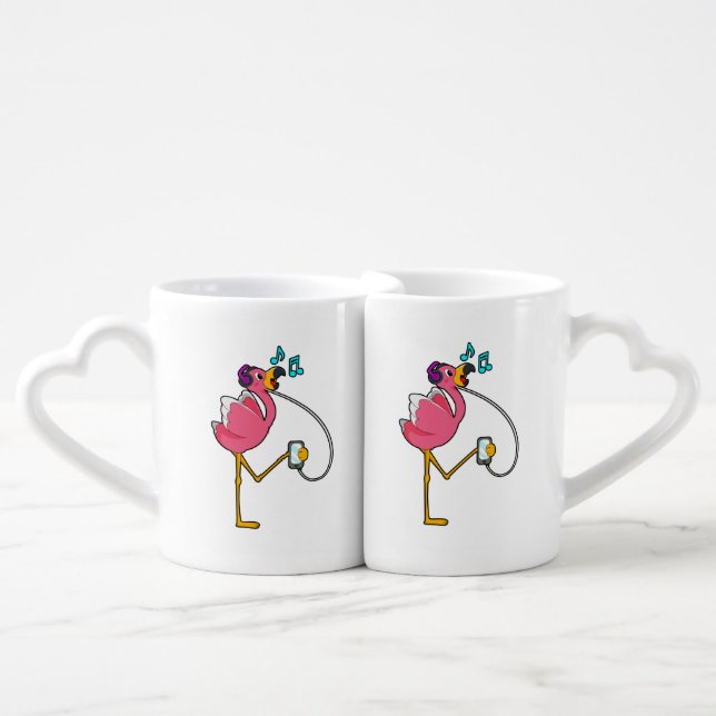 Flamingo at Music with Headphone Coffee Mug Set (Front Nesting)