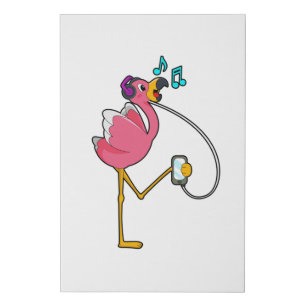 Flamingo at Music with Headphone Faux Canvas Print