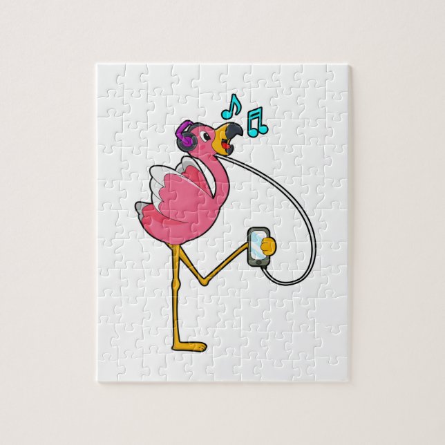 Flamingo at Music with Headphone Jigsaw Puzzle (Vertical)