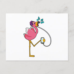 Flamingo at Music with Headphone Postcard
