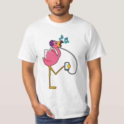 Flamingo at Music with Headphone T_Shirt