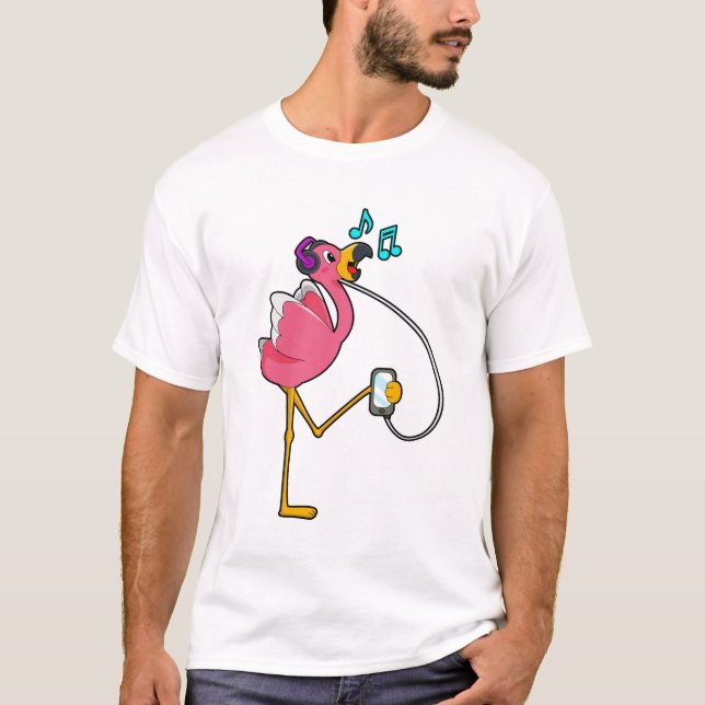 Flamingo at Music with Headphone T-Shirt (Front)
